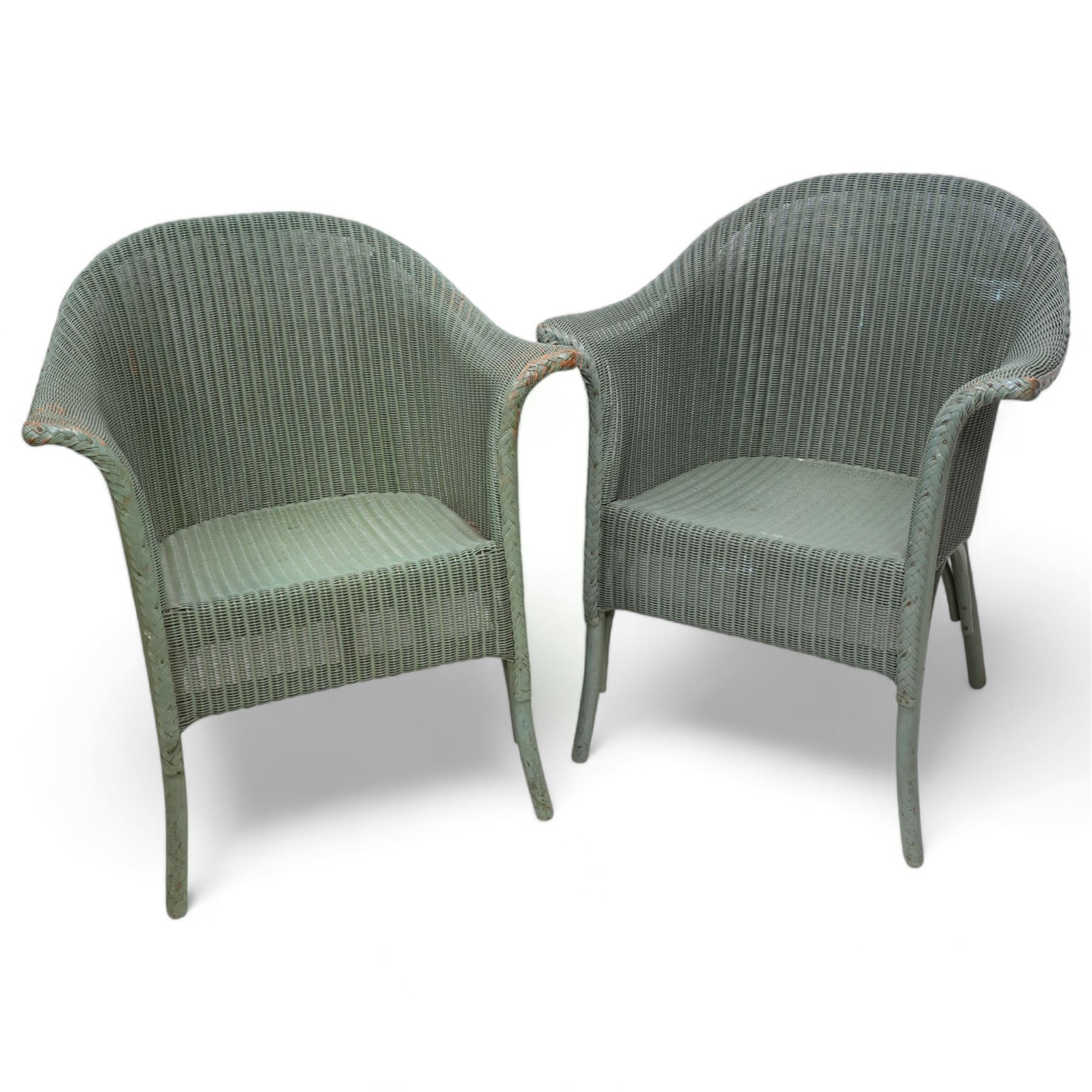 Lloyd Loom - pair of wickerwork armchairs, in painted sage green finish