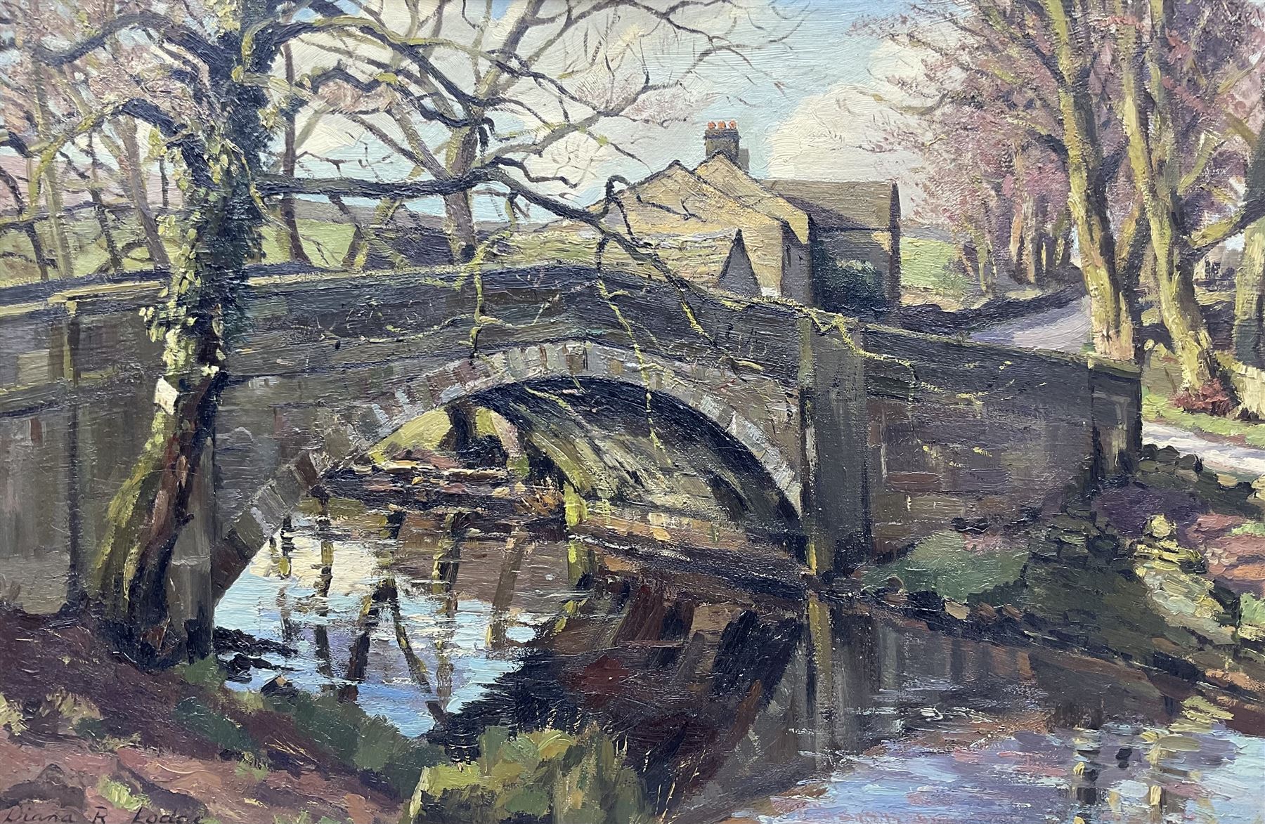 Diana Rosemary Lodge (British 1944-): 'Barben Beck Bridge - Burnsall to Appletreewick Road', oil on canvas board signed, titled and dated Feb 1975 verso 50cm x 75cm