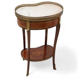 Early 20th century French walnut kidney-shaped occasional table, white marble top with raised pierced brass gallery, fitted with single frieze drawer, flanked by acanthus shaped gilt metal mounts, raised on cabriole supports united by a floral inlaid under-tier