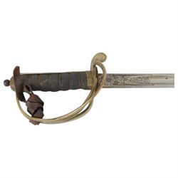 British Officer's Infantry sword, by Fenton Brothers Ltd of Sheffield, sword cutler to the War Office, the blade engraved with coats of arms, cipher, and foliate scrolls, wire bound leather grip, in a leather scabbard, blade length L82cm