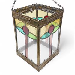 Edwardian metal framed hanging hall lantern, of rectangular form, with leaded stained and ...