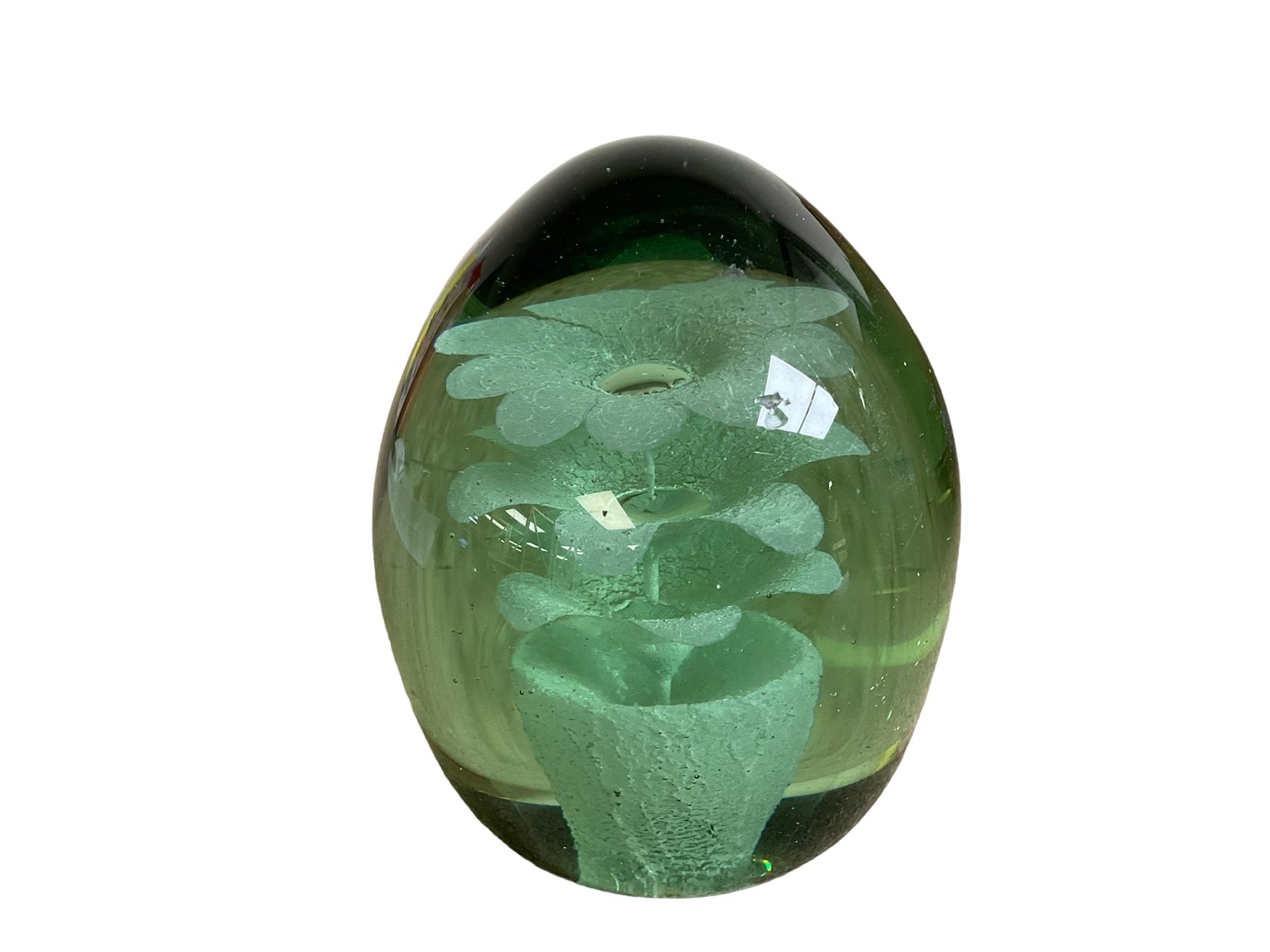 Victorian green glass dump paper weight with flower inclusion, H11cm 