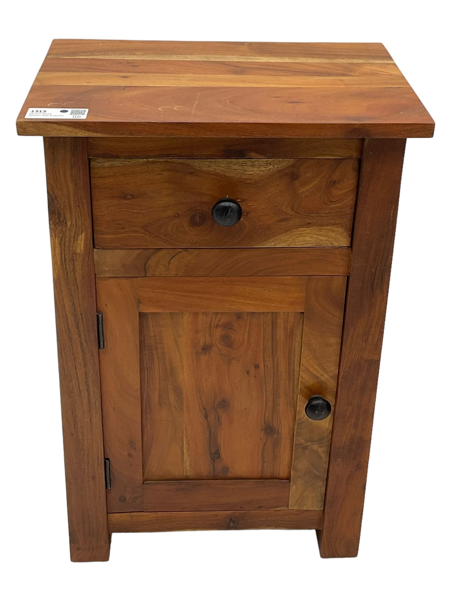 Pair of hardwood bedside cabinets, fitted with single drawer over panelled cupboard 