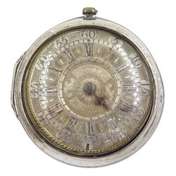 18th / early 19th century silver pair cased verge fusee pocket watch by Francis Green, London, pierced and engraved balance cock, silver champleve dial with gilt border, Roman hours and outer Arabic minute ring, dial signed Green London