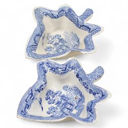 Pair of early 19th century blue and white leaf-shaped pickle dishes, and various 19th century English tea cups and saucers 