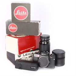 Leica R4 SLR camera body, serial no. 1609604, together with  with Leitz Vario Elmar-R 1:4 5/75 - 200mm and Elmarit -R 1:2 8/35mm lenses, and Motor Winder R4 14282, all in original boxes