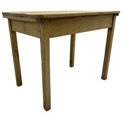 19th century rustic stripped pine side table, two plank rectangular top over square supports