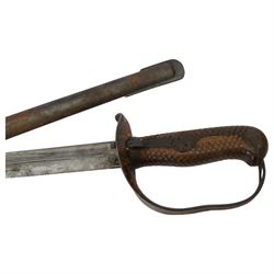 Japanese cavalry sword, curved single edge blade, with steel guard and chequered wood grip handle, in steel scabbard, L94cm