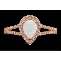 Rose gold on silver pear cut opal and cubic zirconia  cluster ring, stamped 925