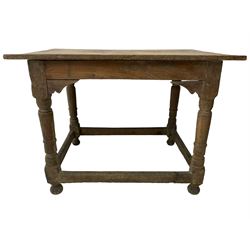 18th century oak joined table, rectangular pegged plank top on turned supports united by plain stretchers