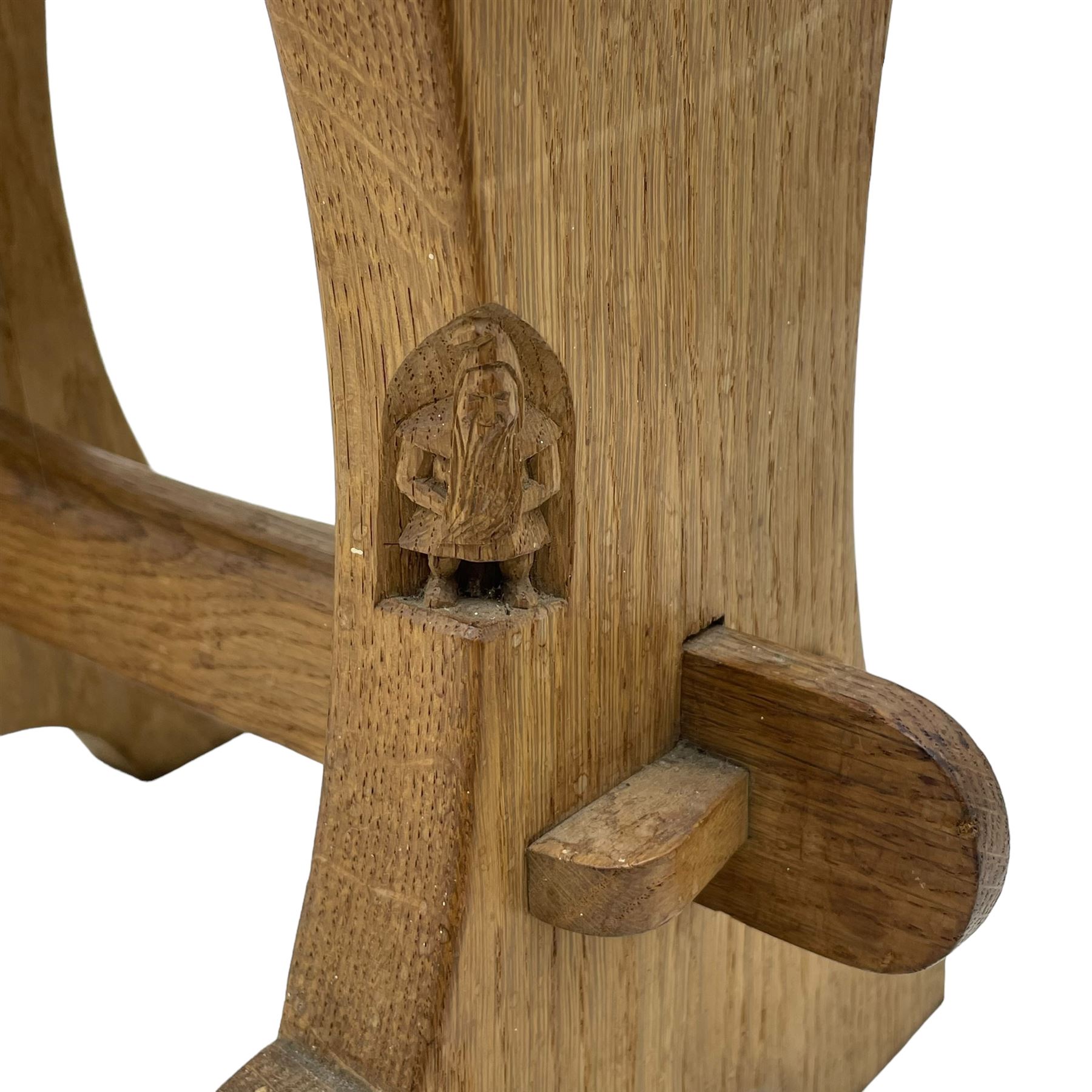 Gnomeman - three oak occasional tables, rectangular adzed top on shaped end supports united by pegged stretcher, each carved with gnome signature, by Thomas Whittaker, Littlebeck, the largest - 46cm x 29cm, H37cm