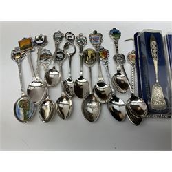 Collection of souvenir teaspoons with wooden display case, H62cm, L53cm. 