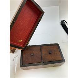 Group of wooden boxes and tins, including oak two compartment cigarette box, money tins, inlaid tea caddy, etc