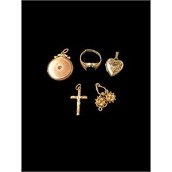 9ct gold jewellery, including earrings, cross pendant, black onyx ring and heart locket, h...