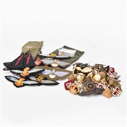 Various cloth and metal military badges including cap and collar badges, rank crowns and stars, staybrite button etc