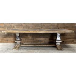 Large rectangular rustic wood and tile effect dining table, chrome pillars on stretcher base