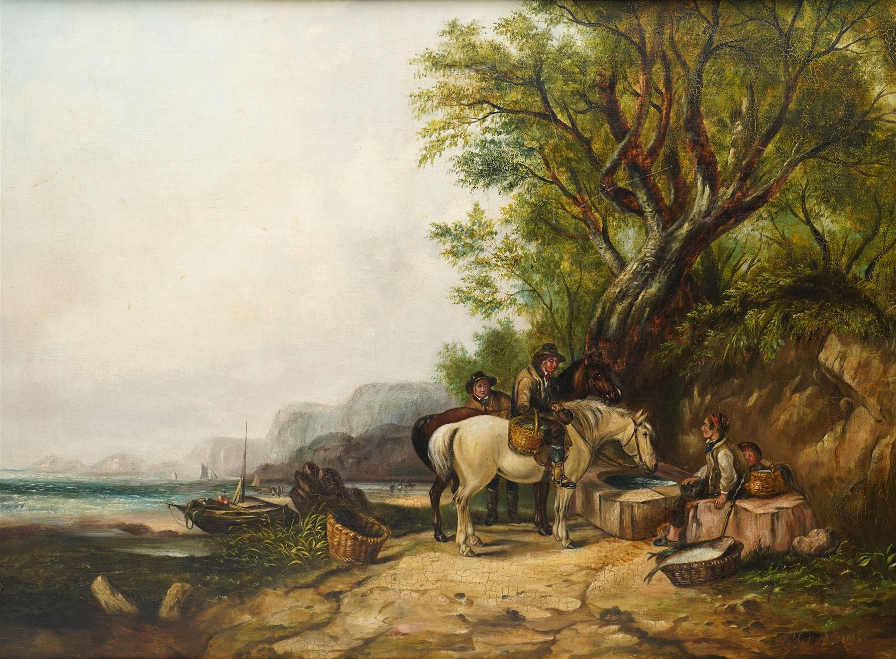 F G Hooper (British 19th Century): Travelers Resting Beside the Water, oil on canvas signed and dated 1885, 48cm x 67cm