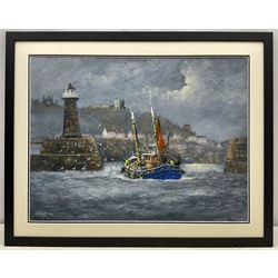 Jack Rigg (British 1927-2023): 'First Landing' - Entering Whitby Harbour, oil on board signed and dated 2014, titled verso 46cm x 60cm