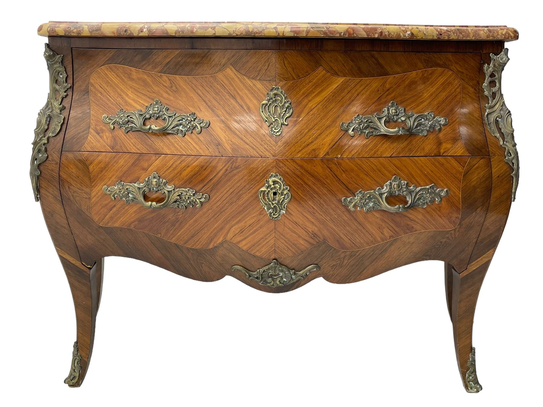 Late 20th century Louis XV design Kingwood and rosewood bombe commode chest, shaped ovolo-moulded variegated marble top, fitted with two drawers, scrolling foliate cast gilt metal handles and mounts