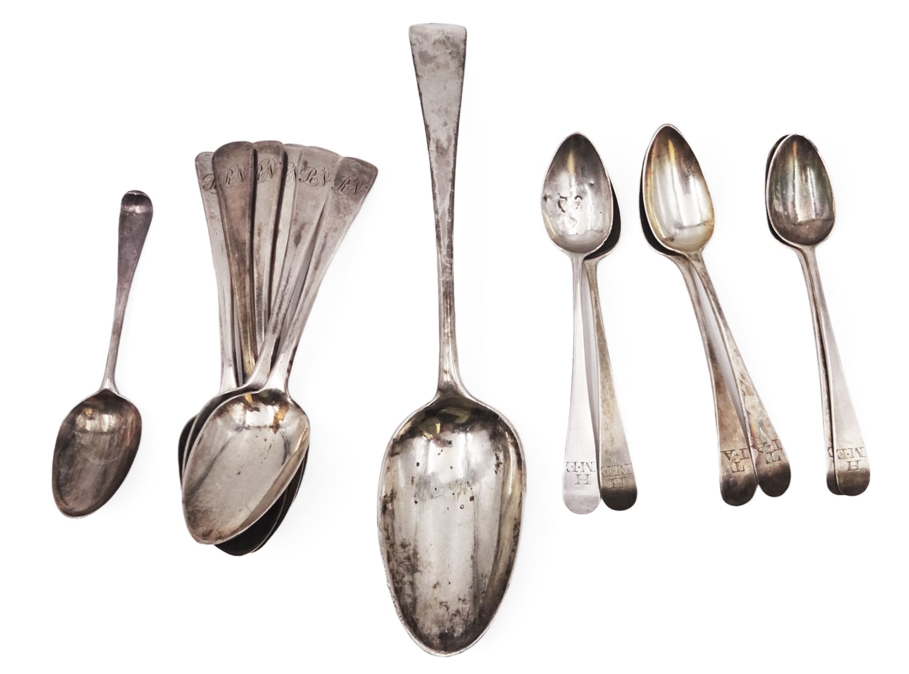 Collection of silver spoons, including Old English pattern bottom struck example, hallmarked worn and indistinct, set of six Victorian silver teaspoons, hallmarked Charles Boyton I, London 1840, a set of four George III silver teaspoons, hallmarked Charles Boyton, London 1787, and three other silver spoons 