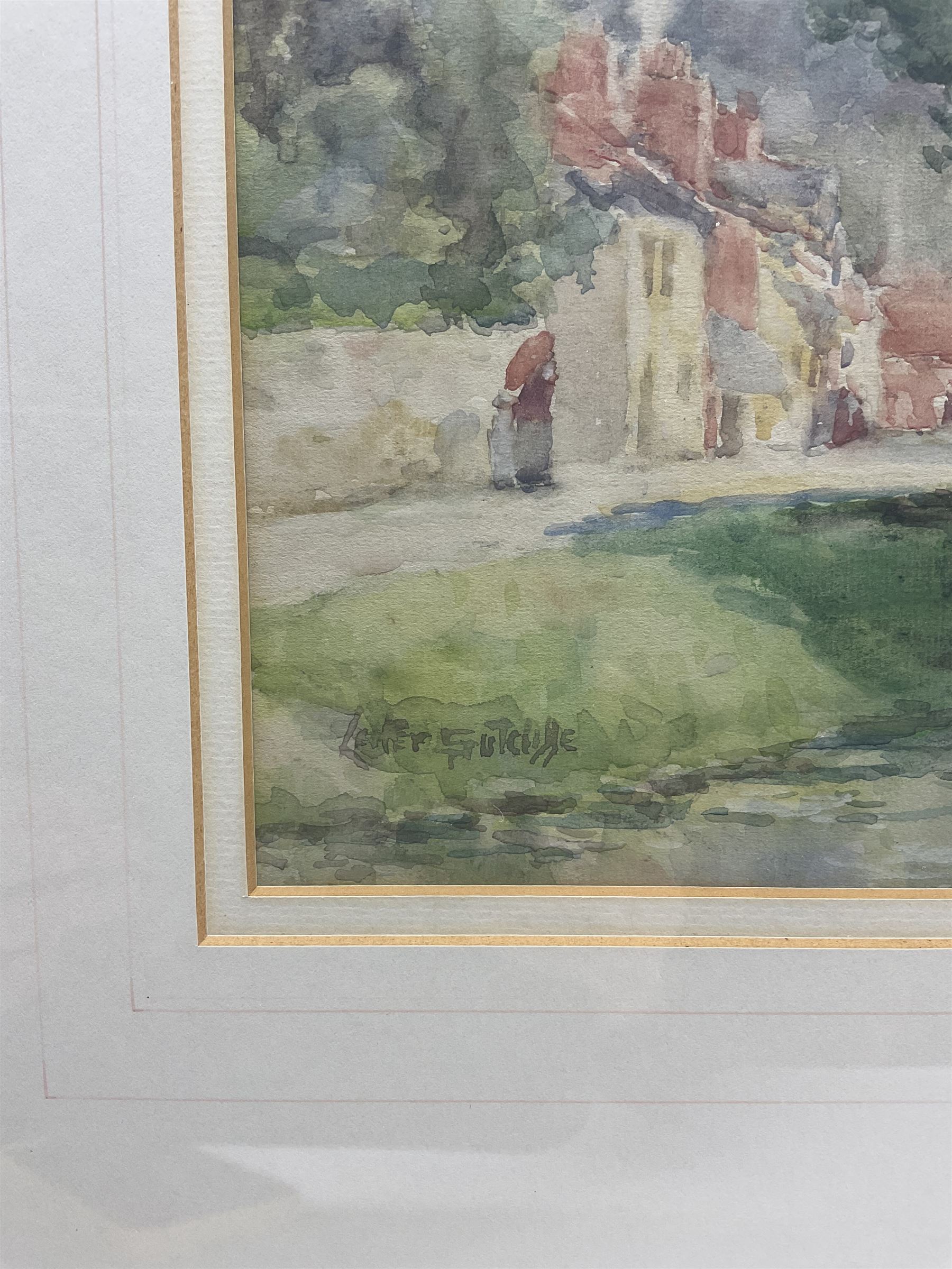 Lester Sutcliffe (British 1848-1933): Figures in a Riverside Village, watercolour signed 26cm x 20cm