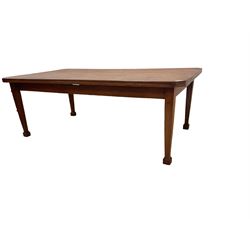 Mid-to-late 20th century teak dining table, rectangular top with canted corners, on square tapering supports with spade feet (214cm x 119cm, H76cm); and a set of eight Burmese reclaimed teak dining chairs, high arched back over panelled seat