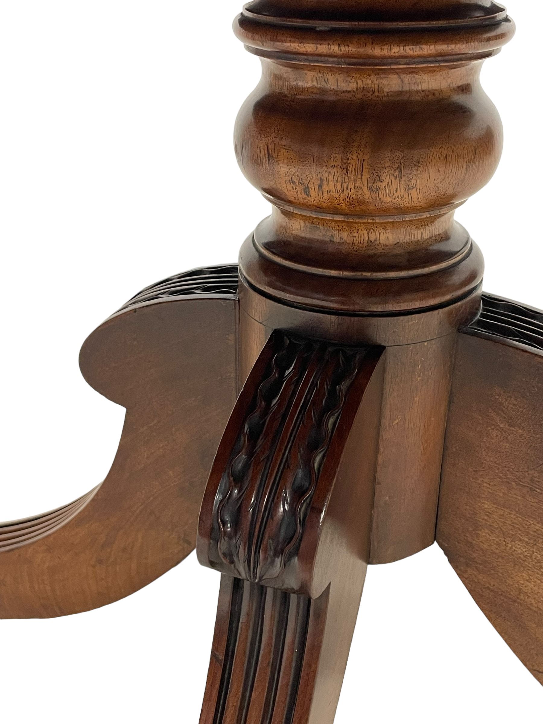 Early 19th century mahogany Pembroke table, rectangular drop-leaf top with rounded corners inlaid satinwood bands, single end drawer and opposing false drawer, turned pedestal on four acanthus carved and reed moulded splayed supports, cast brass cups and castors 