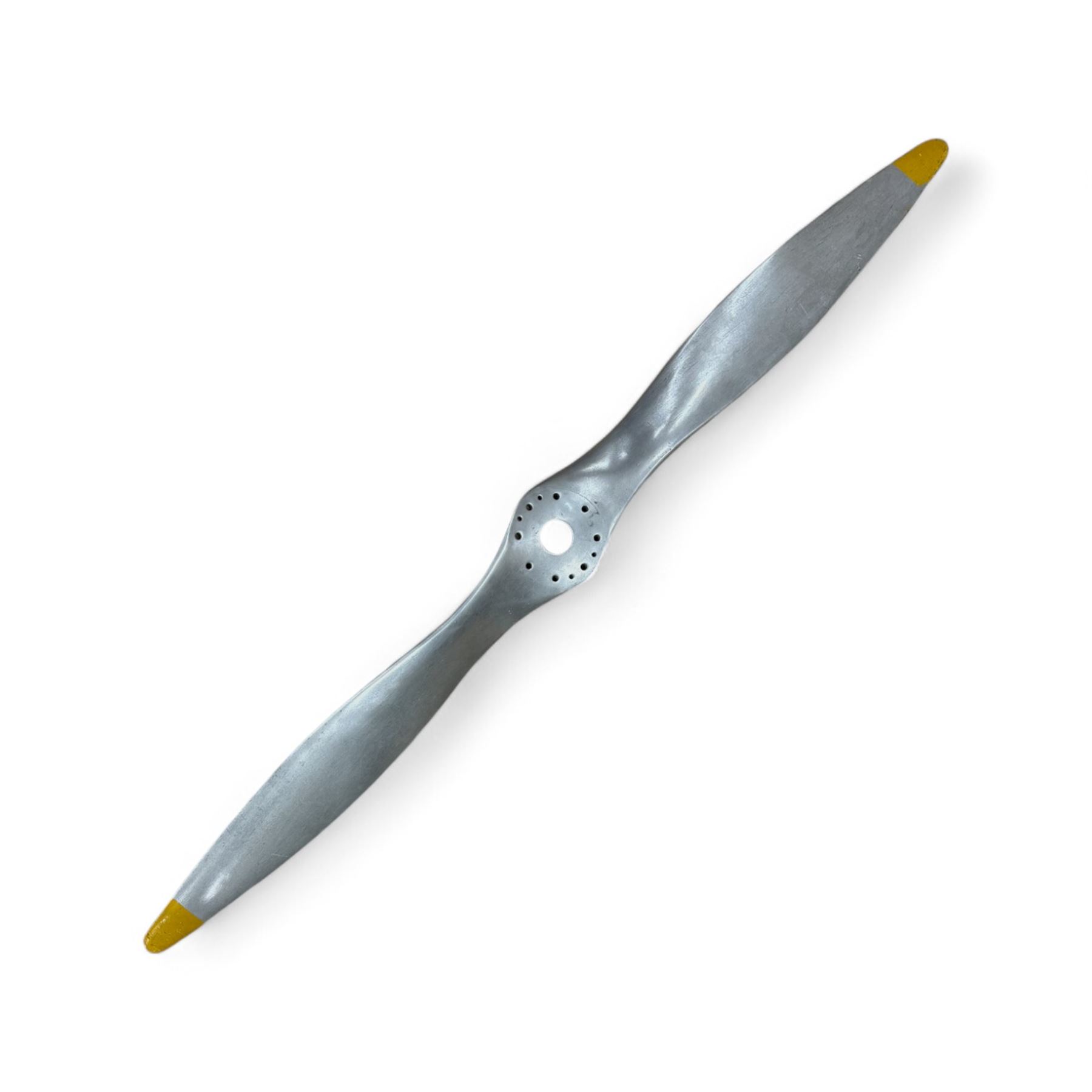 20th century aluminium twin blade aircraft propeller, polished finish with yellow painted tips, central hub with mounting holes, marked FR4322, L200cm