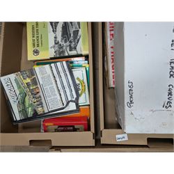 Collection of model railway building accessories, including turntable, paints, track, and railway reference books