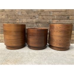 Three walnut circular barrel shaped lamp tables, fitted with single drawer (lower table D5...