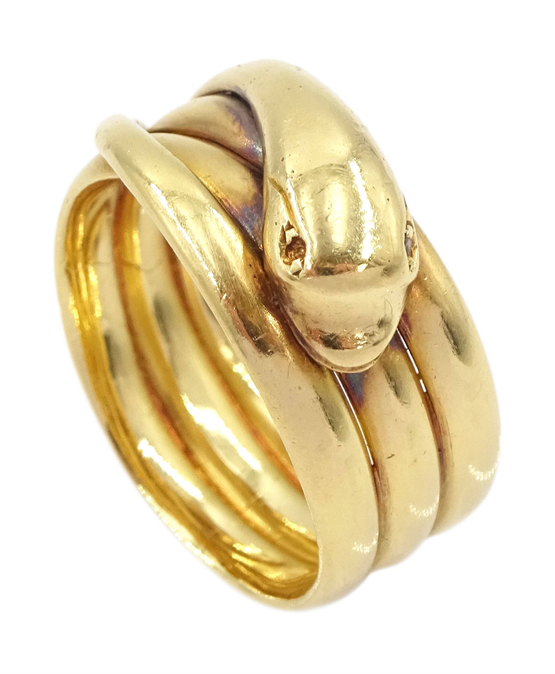 Victorian 18ct gold coiled snake ring, with a diamond set eye by Vaughton & Sons, Birmingham 1885