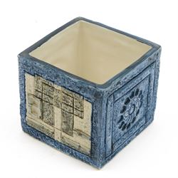 Troika cube vase, with geometric incised decoration in green and cream on a blue ground, s...