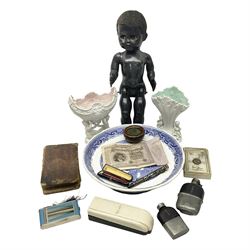 Pedigree doll, silver cased pen, cheroot holder with gold collar stamped 18ct, and a collection of other vintage collectables and ceramics