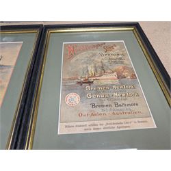 Two framed German shipping prints, together with a framed black and white postcard of United States Lines S.S. Leviathan