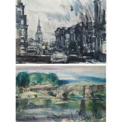 Harold Wharfe (Yorkshire 20th century): London Scene and Yorkshire Bridge, two watercolours inscribed and dated max 30cm x 43cm (2)