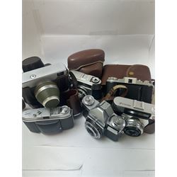 Collection of 35mm rangefinder cameras and similar, to include King Regula L, Balda Baldessa serial no. 370514, Synchro Compur MX V, Kodak Retina Ib serial no. 179811, Kodak 66 Model II and a Zeiss Ikon Contaflex, all with brown cases, with two leather camera bags and accessories