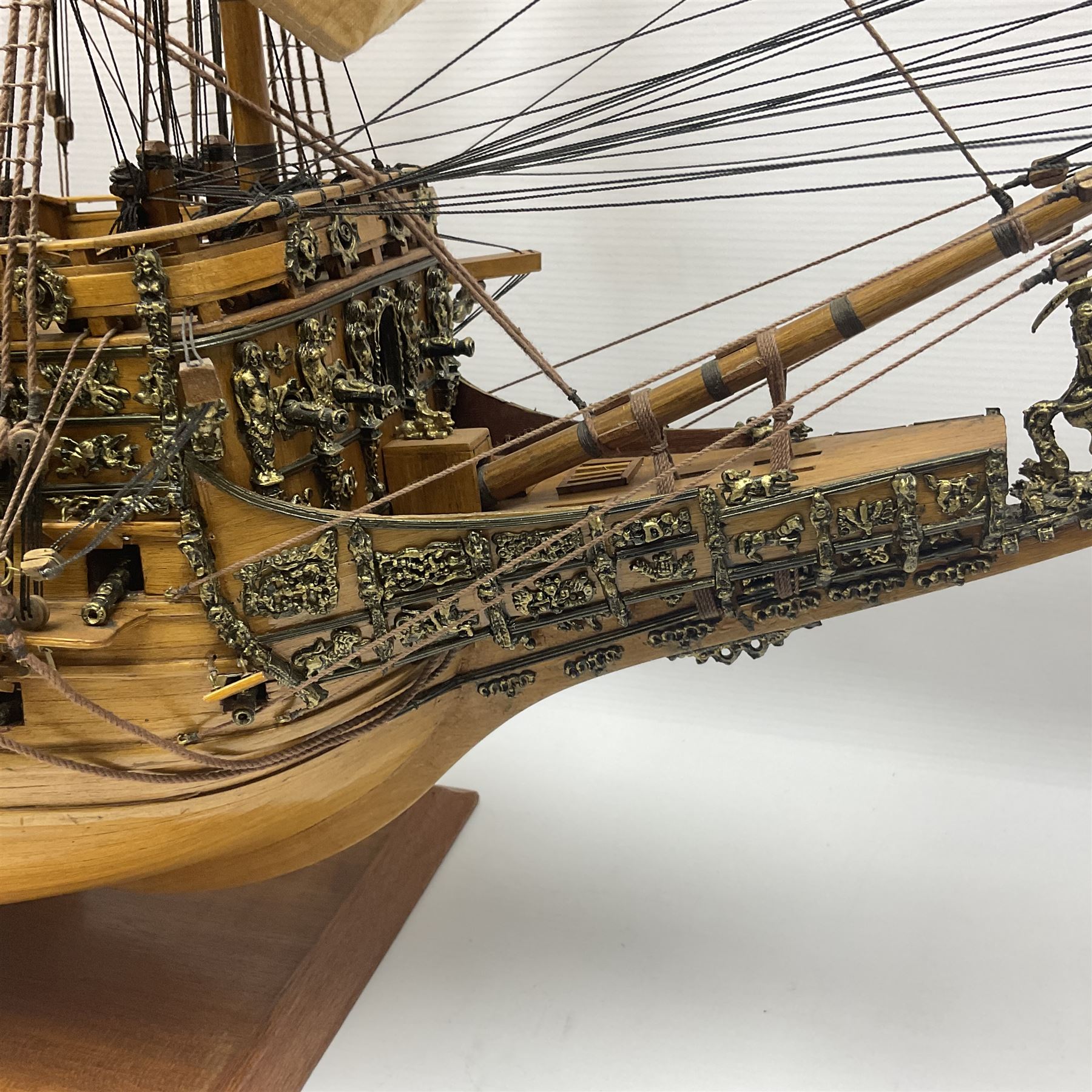 Large kit built scale model of 17th century Royal Navy warship 'HMS Sovereign of the Seas', upon wooden stand with engraved name plaque, H91cm, W111cm