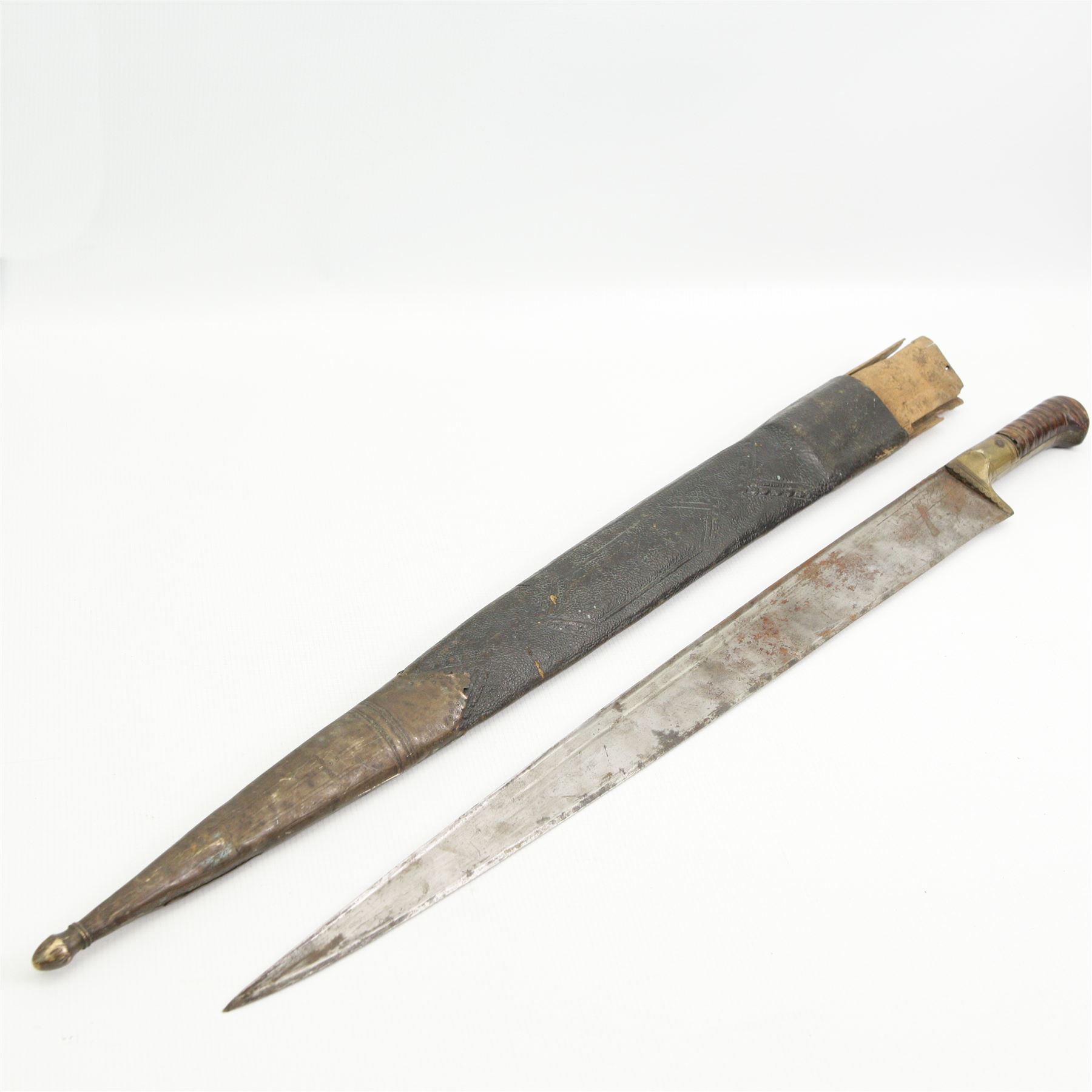  19th century Afghan Khyber knife with engraved blade and horn grip 60cm blade length, another similar Khyber knife, Indian Tulwar and a Kukri (4)