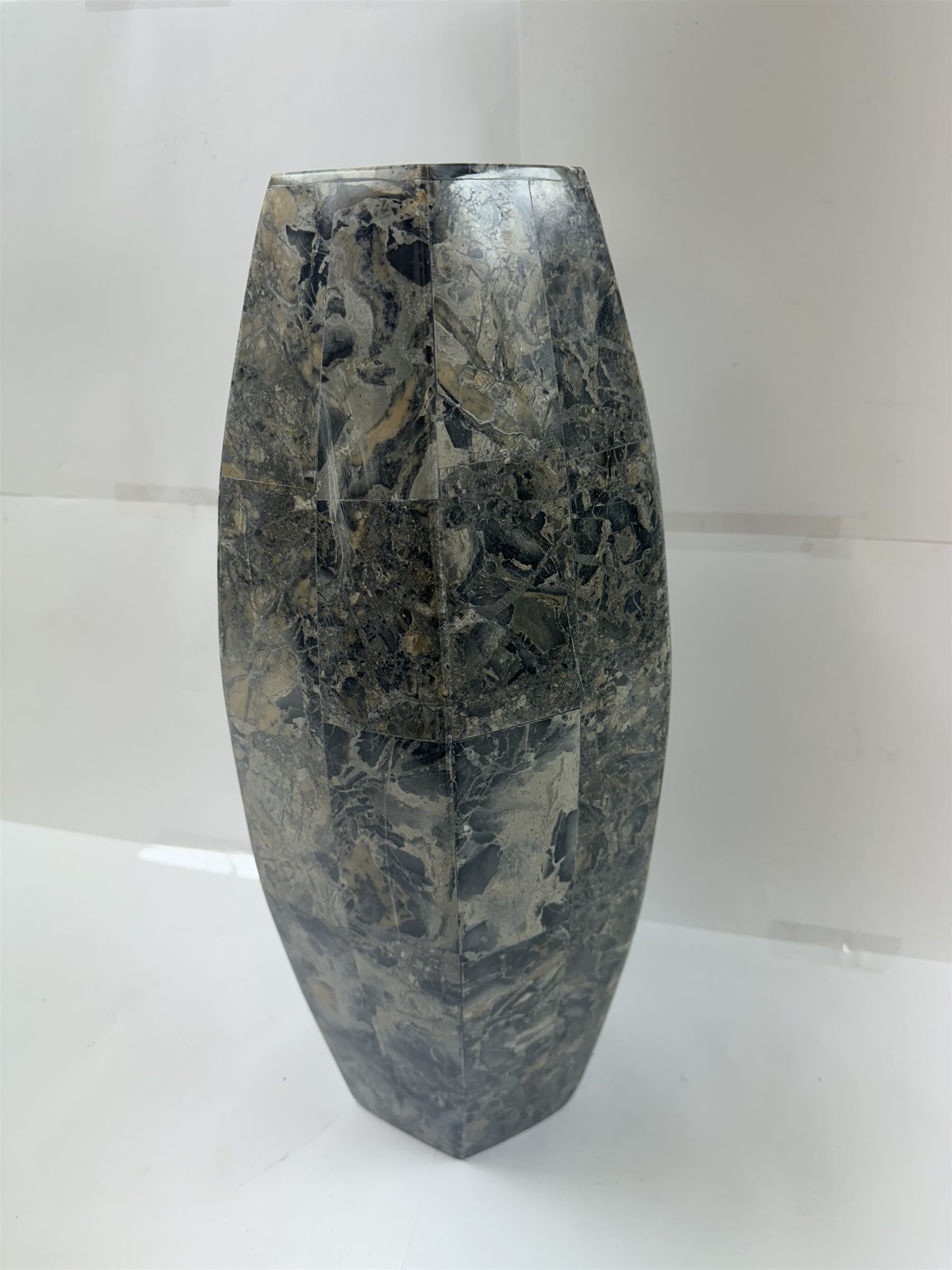 Marble mosaic vase, of hexagonal form, H45cm