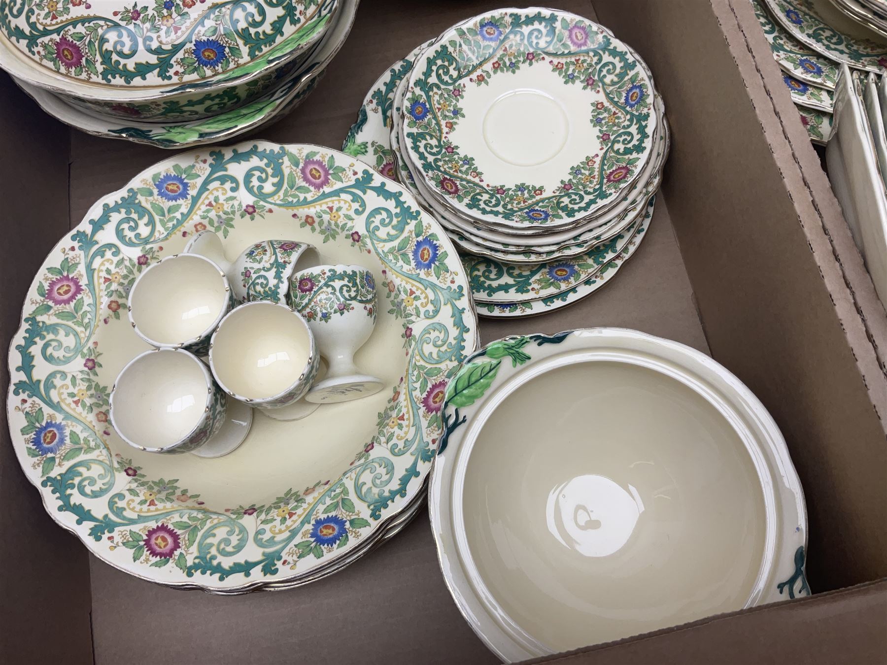 Royal Cauldon Evesham pattern dinner wares, including dinner plates, tureens, egg cups, bowls, sides plates and saucers