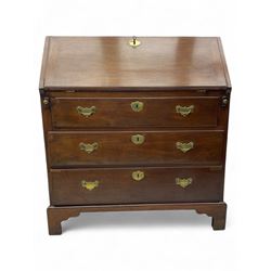 George III mahogany bureau, the fall front enclosing fitted interior, three graduating lon...