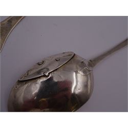 17th century silver trifid spoon, marks worn and indistinct, together with an Old English pattern silver spoon