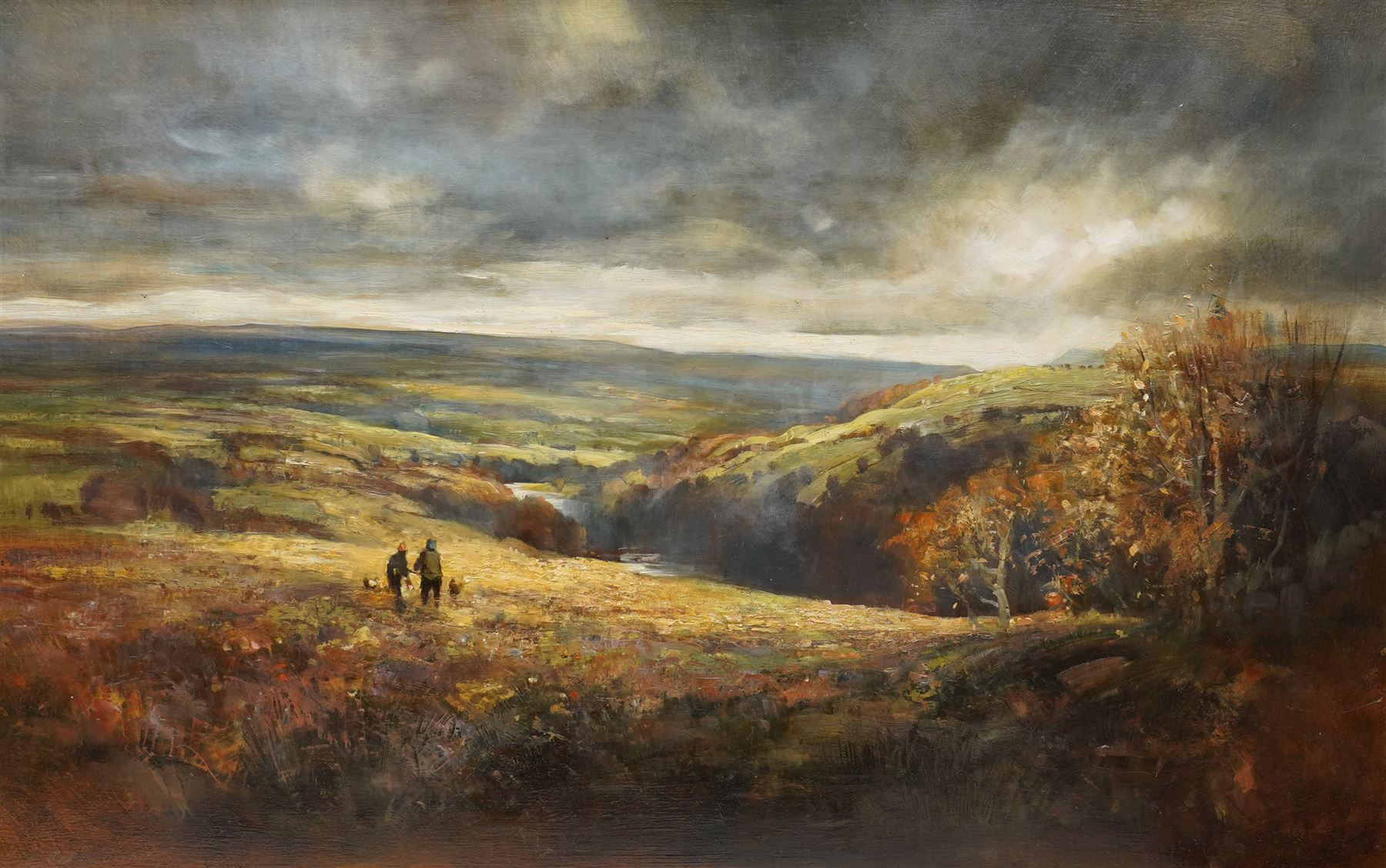 John Barrie Haste (British 1931-2011): 'Swaledale' Yorkshire Dales Landscape with Figures, oil on canvas signed, inscribed 44cm x 70cm