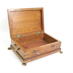 Victorian oak brass bound masonic casket, the cover with plaque engraved 'Morecombe Lodge, No. 1119, 1.0.0. M.U', on four brass lion paw supports, L40cm, H17cm, D30cm