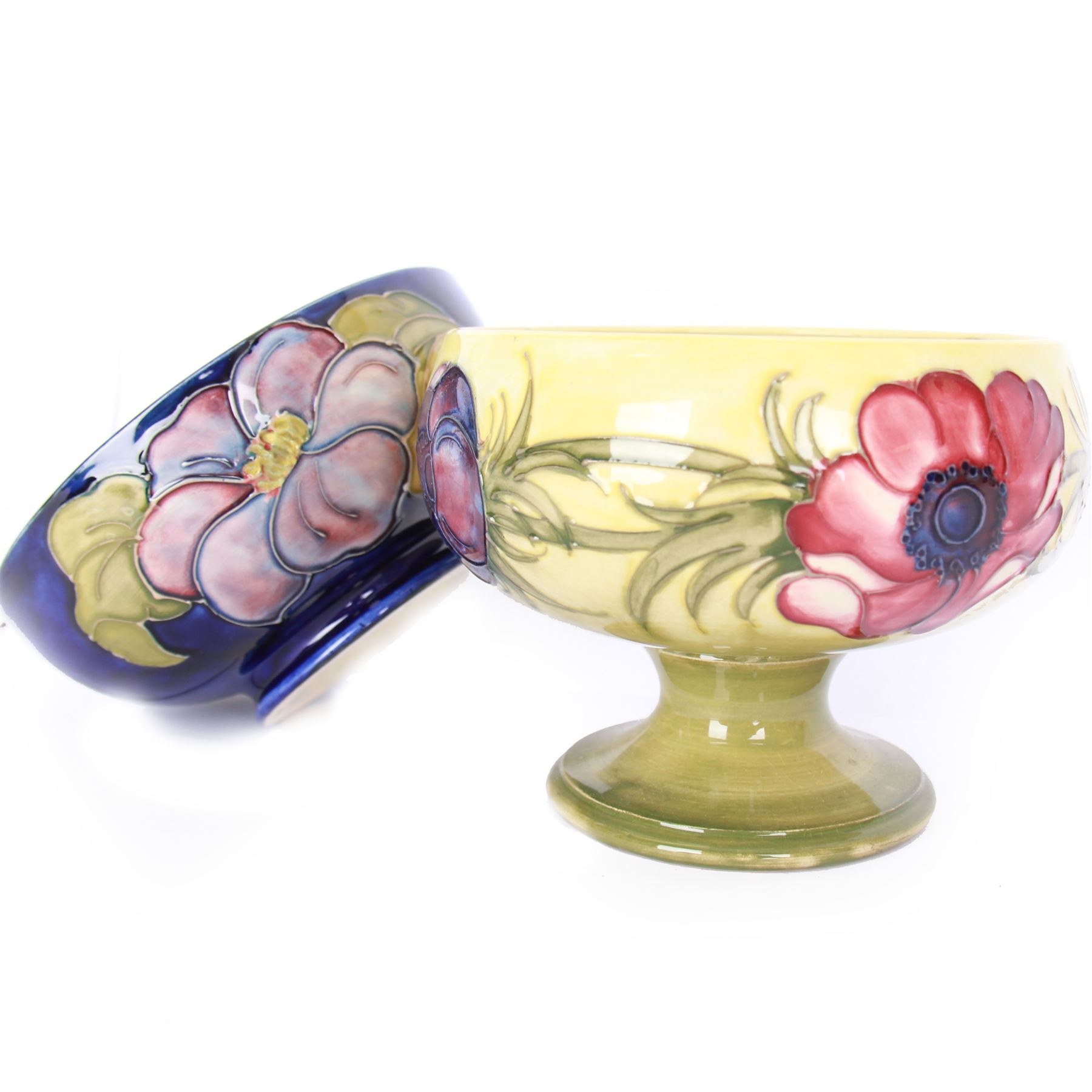 Moorcroft bowl in Clematis pattern, together with Moorcroft pedestal bowl in Anemone pattern both with makers mark below, pedestal dish H12cm 