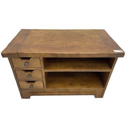 John Lewis - 'Bergerac' oak television stand, rectangular plank top over three drawers with cut-out handles to the left and open shelving to the right, on square supports with slanted edges