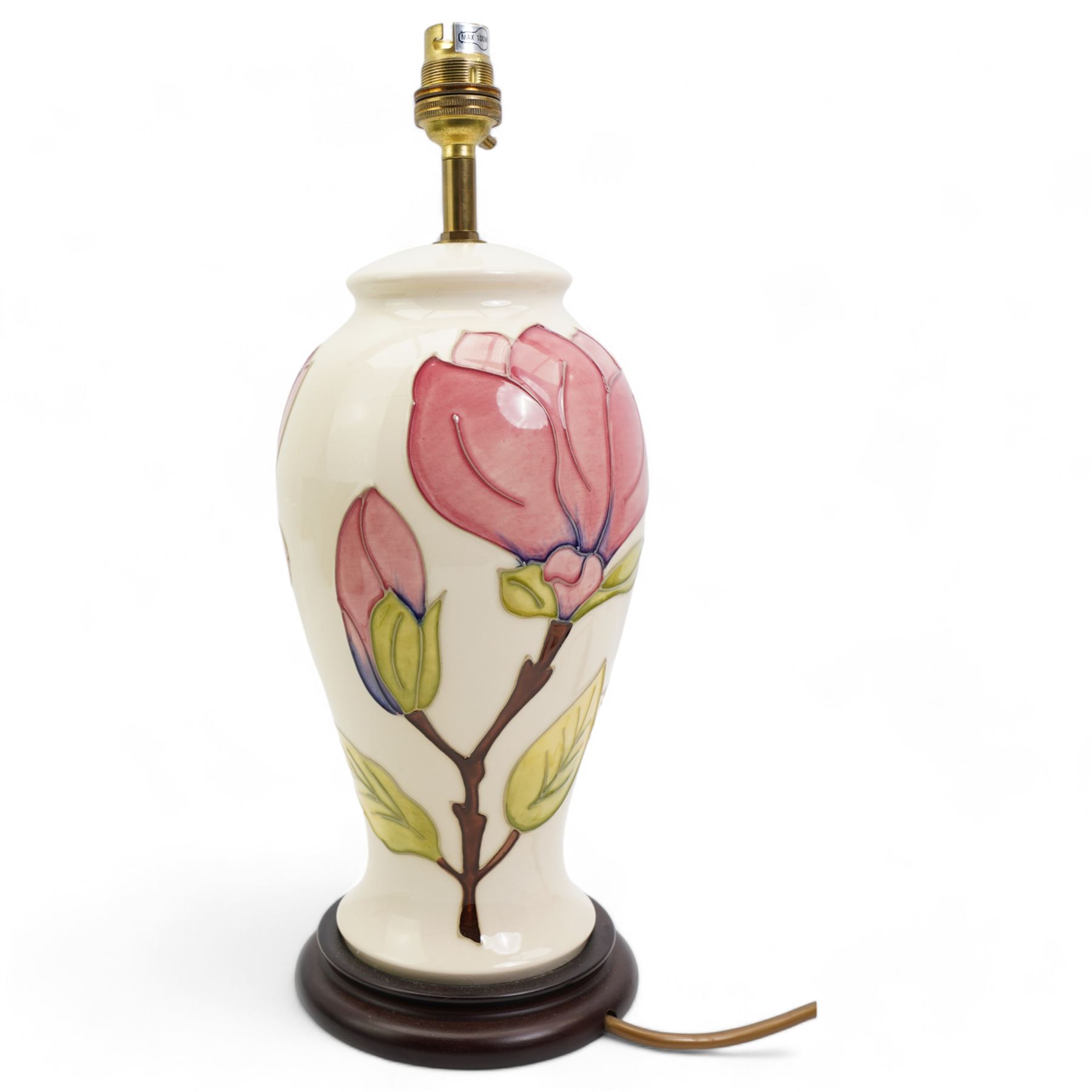 Moorcroft baluster form table lamp decorated in the Magnolia pattern, on cream ground, H31cm excluding fitting