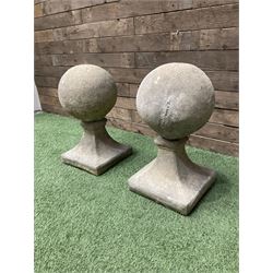 Pair of cast stone garden spherical ball finials or gatepost tops, D35, H60 - THIS LOT IS TO BE COLLECTED BY APPOINTMENT FROM DUGGLEBY STORAGE, GREAT HILL, EASTFIELD, SCARBOROUGH, YO11 3TX