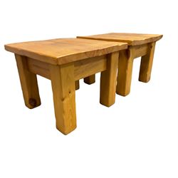 Two pine square coffee tables on block supports