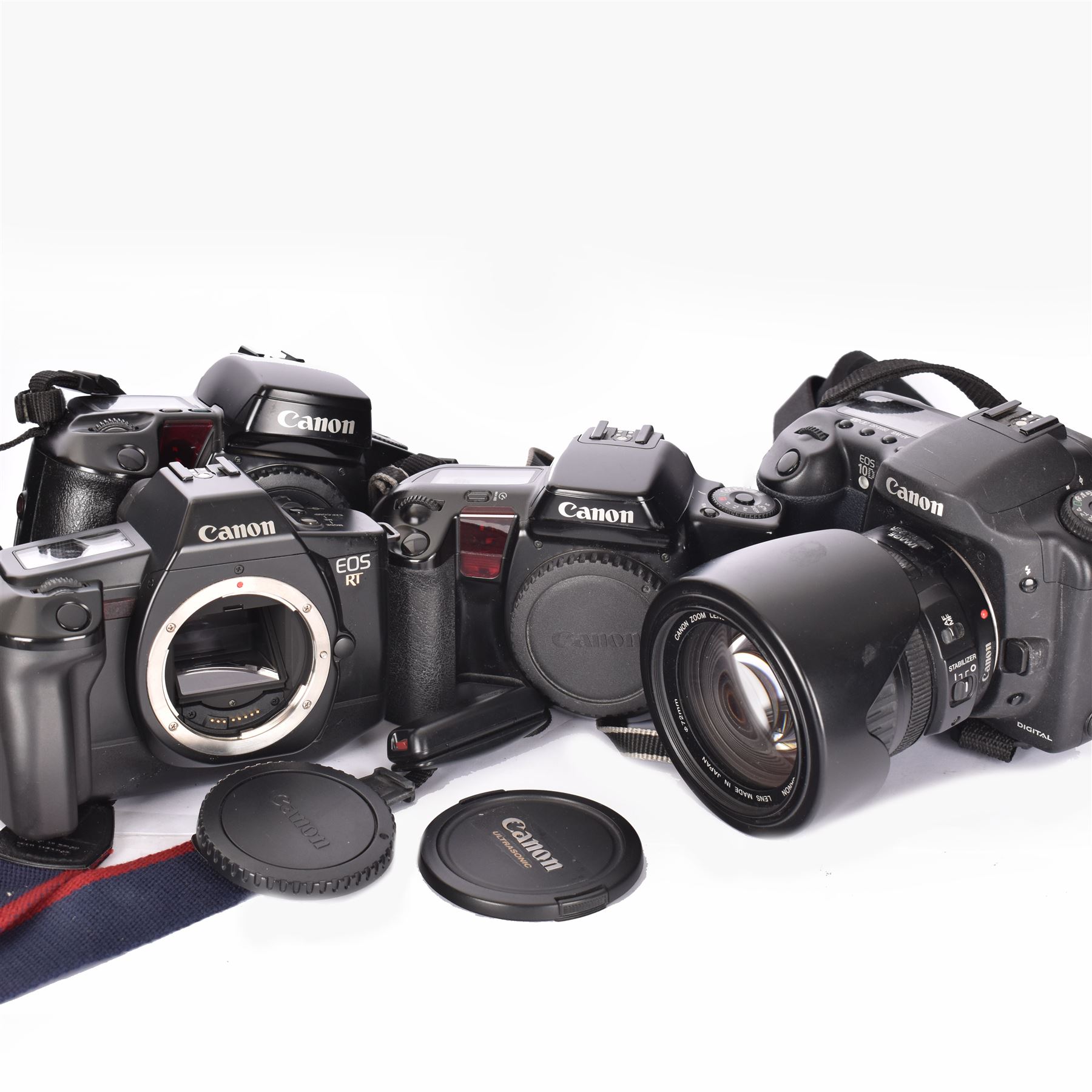 Five Canon EOS cameras, comprising EOS 100 camera body, serial no. GR-70, EOS RT camera body, serial no. 2539432, EOS 350D, serial no. 1330744265, with a Canon EF-S 18-55mm 1:3.5-5.6 II zoom lens, serial no. 1230500053, EOS 10 camera body, serial no. 1274983, and an EOS 10D camera serial no. 1430501397, with a Canon Ultrasonic 72mm EF 28-135mm 1:3.5-5.6 IS zoom lens, serial no. 3402517E